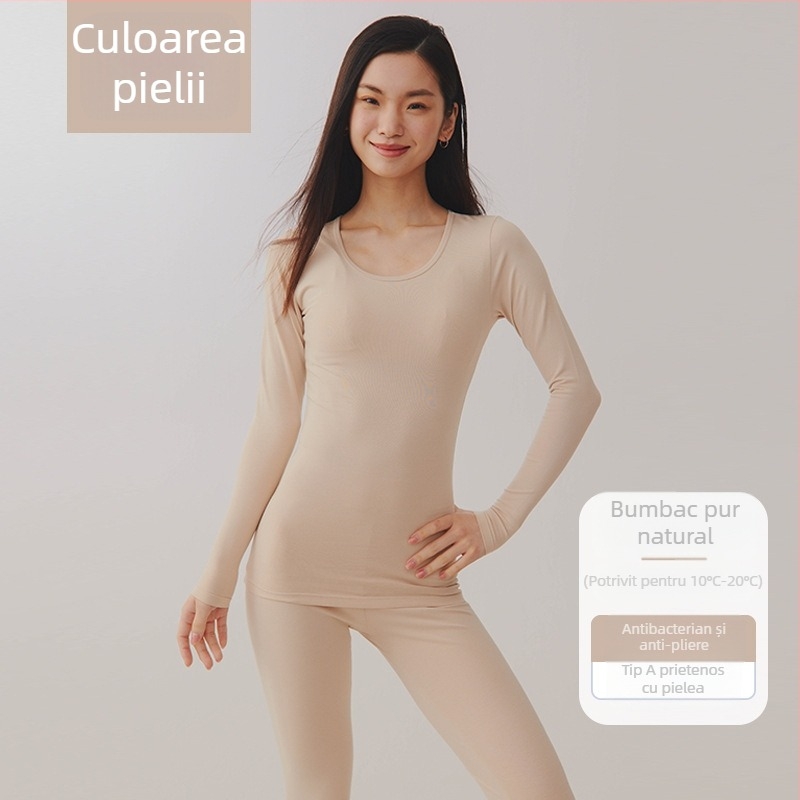 Set termic unisex din bumbac combed – 95–100% bumbac, antibacterian, antistat, cald, mâneci lungi, guler rotund, grosime moderata 181–200 g/m²