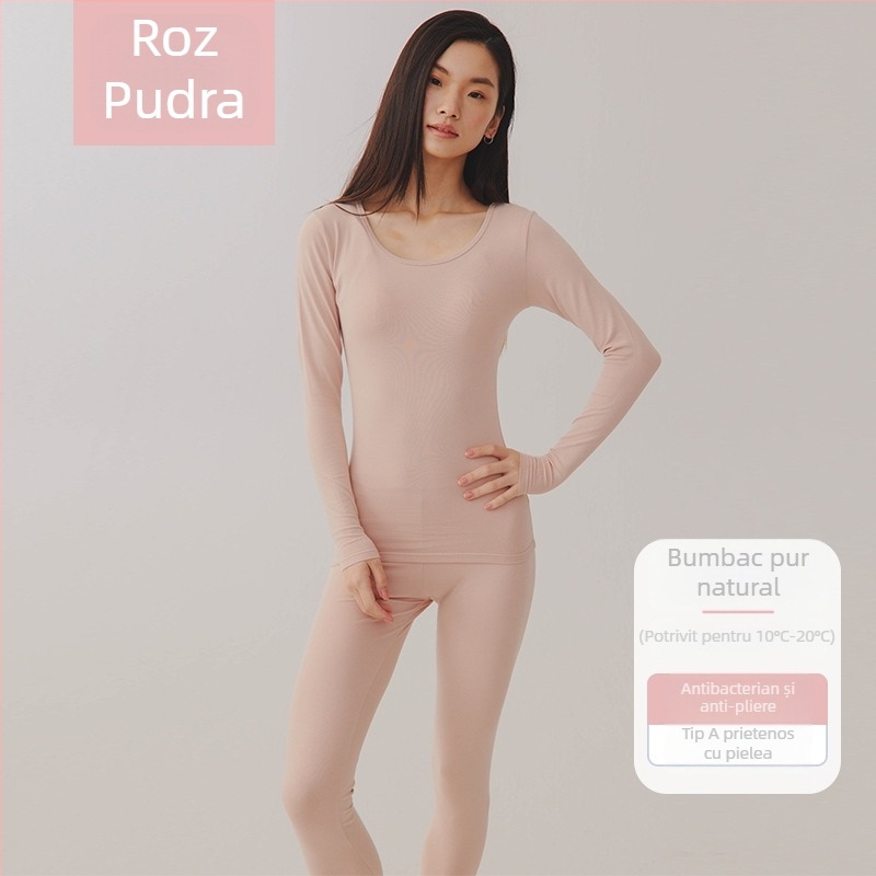 Set termic unisex din bumbac combed – 95–100% bumbac, antibacterian, antistat, cald, mâneci lungi, guler rotund, grosime moderata 181–200 g/m²