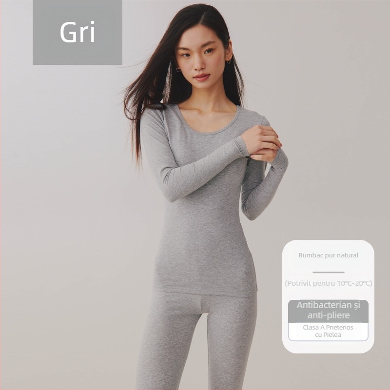 Set termic unisex din bumbac combed – 95–100% bumbac, antibacterian, antistat, cald, mâneci lungi, guler rotund, grosime moderata 181–200 g/m²