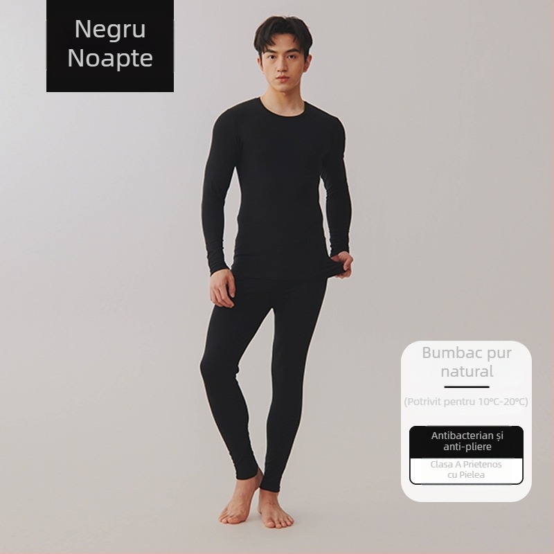 Set termic unisex din bumbac combed – 95–100% bumbac, antibacterian, antistat, cald, mâneci lungi, guler rotund, grosime moderata 181–200 g/m²