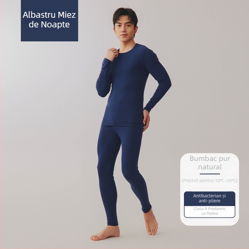 Set termic unisex din bumbac combed – 95–100% bumbac, antibacterian, antistat, cald, mâneci lungi, guler rotund, grosime moderata 181–200 g/m²