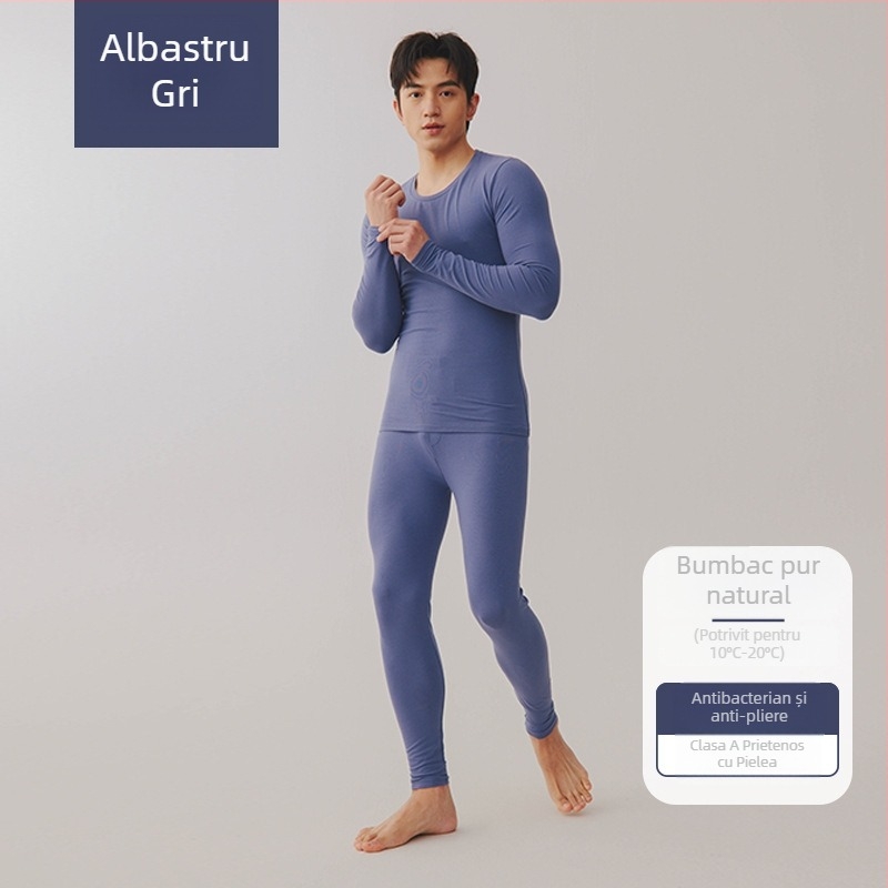 Set termic unisex din bumbac combed – 95–100% bumbac, antibacterian, antistat, cald, mâneci lungi, guler rotund, grosime moderata 181–200 g/m²