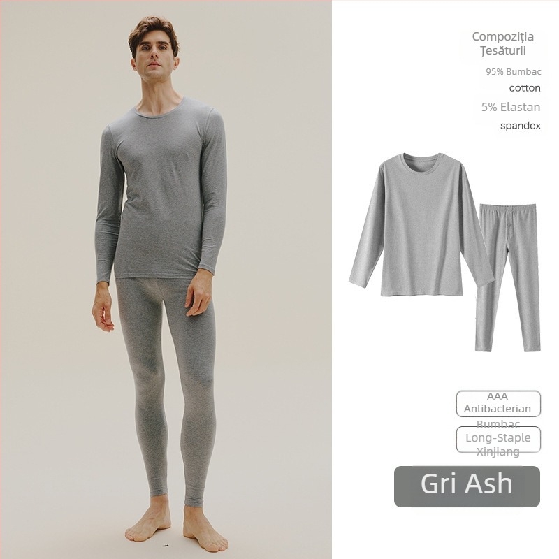 Set termic unisex din bumbac combed – 95–100% bumbac, antibacterian, antistat, cald, mâneci lungi, guler rotund, grosime moderata 181–200 g/m²