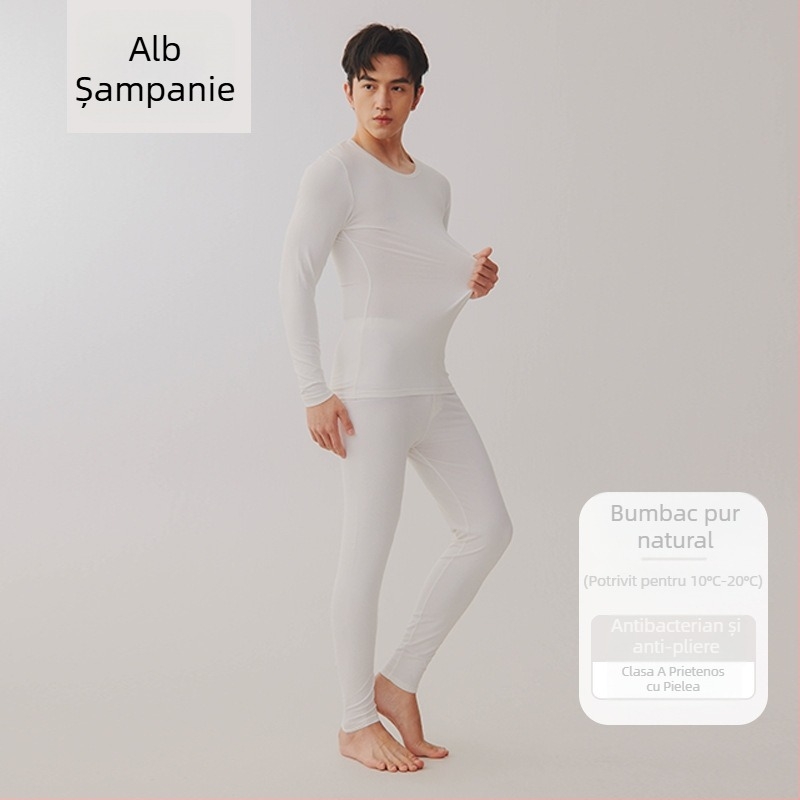 Set termic unisex din bumbac combed – 95–100% bumbac, antibacterian, antistat, cald, mâneci lungi, guler rotund, grosime moderata 181–200 g/m²