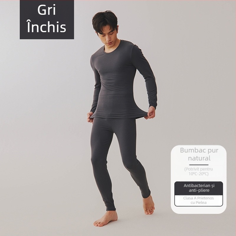 Set termic unisex din bumbac combed – 95–100% bumbac, antibacterian, antistat, cald, mâneci lungi, guler rotund, grosime moderata 181–200 g/m²