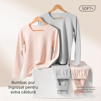 Set termic femei din bumbac – top cu guler rotund și pantaloni, 95% bumbac, 280 g/m2, respirabil, antibacterian, păstrează căldura
