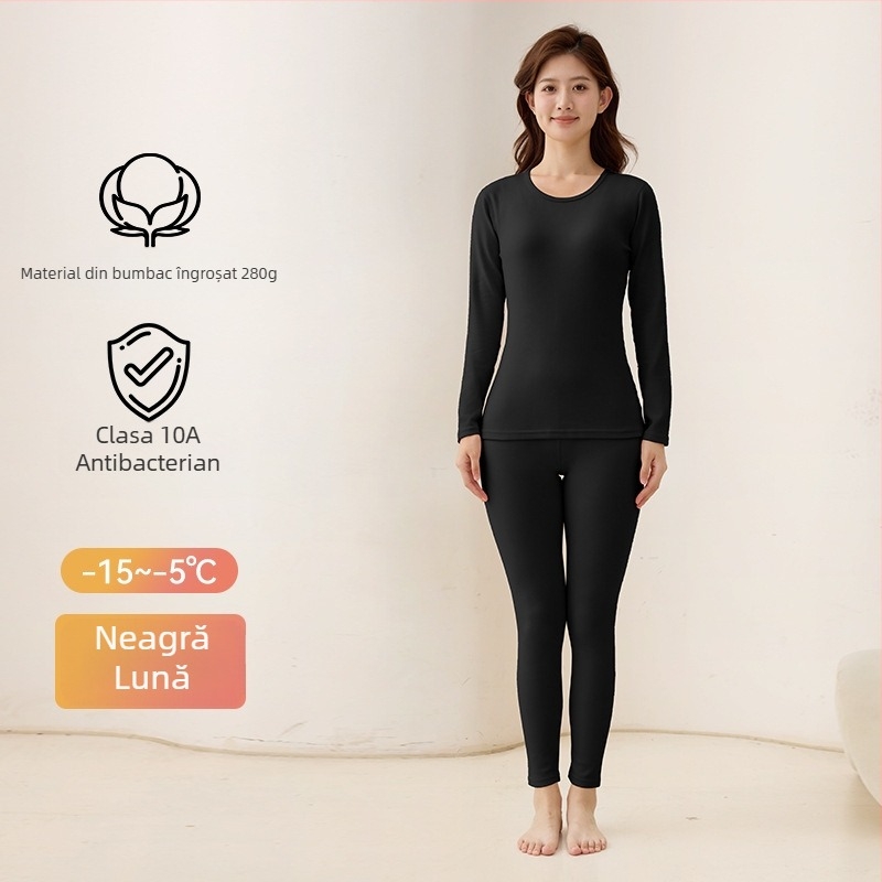 Set termic femei din bumbac – top cu guler rotund și pantaloni, 95% bumbac, 280 g/m2, respirabil, antibacterian, păstrează căldura