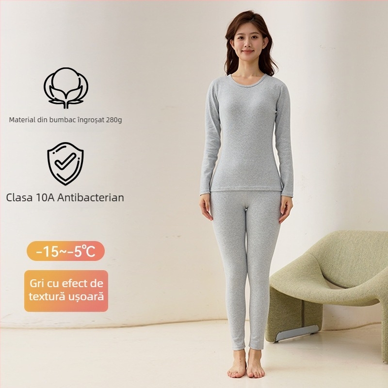 Set termic femei din bumbac – top cu guler rotund și pantaloni, 95% bumbac, 280 g/m2, respirabil, antibacterian, păstrează căldura