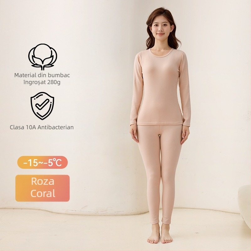Set termic femei din bumbac – top cu guler rotund și pantaloni, 95% bumbac, 280 g/m2, respirabil, antibacterian, păstrează căldura