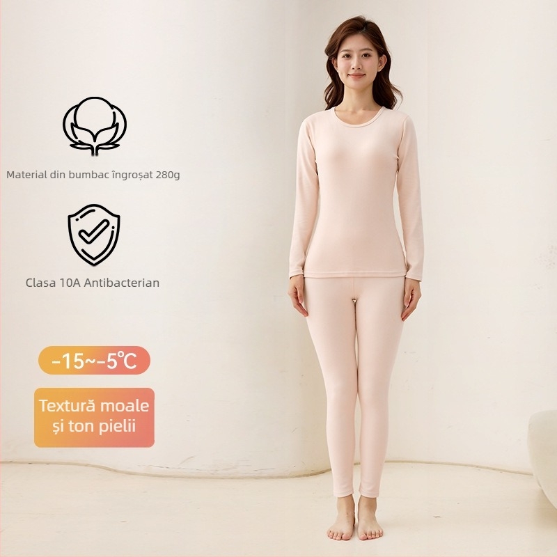 Set termic femei din bumbac – top cu guler rotund și pantaloni, 95% bumbac, 280 g/m2, respirabil, antibacterian, păstrează căldura
