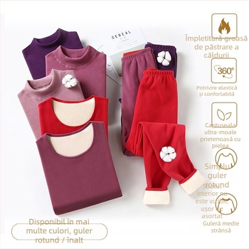 Set termic cu căptușeală de catifea, unisex, dublu strat, foarte gros, top cu guler semiînalt și pantaloni