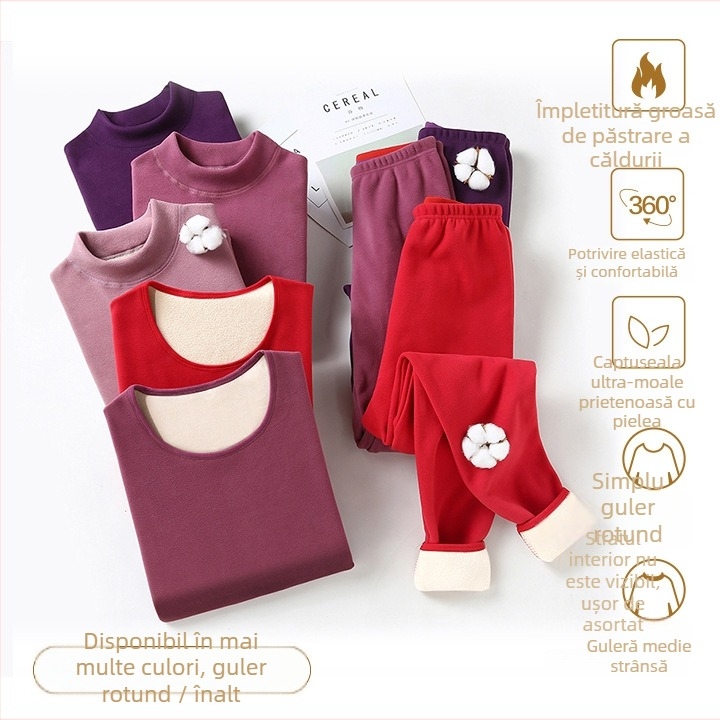 Set termic cu căptușeală de catifea, unisex, dublu strat, foarte gros, top cu guler semiînalt și pantaloni