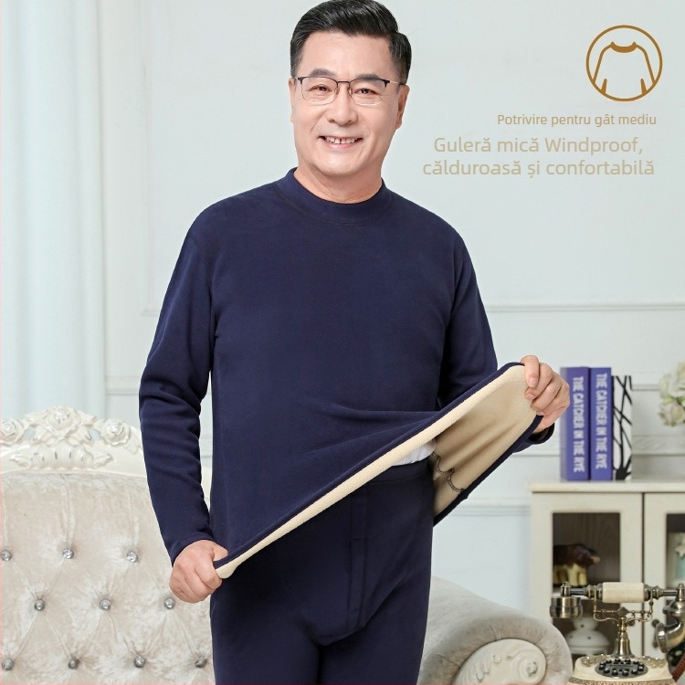 Set termic cu căptușeală de catifea, unisex, dublu strat, foarte gros, top cu guler semiînalt și pantaloni