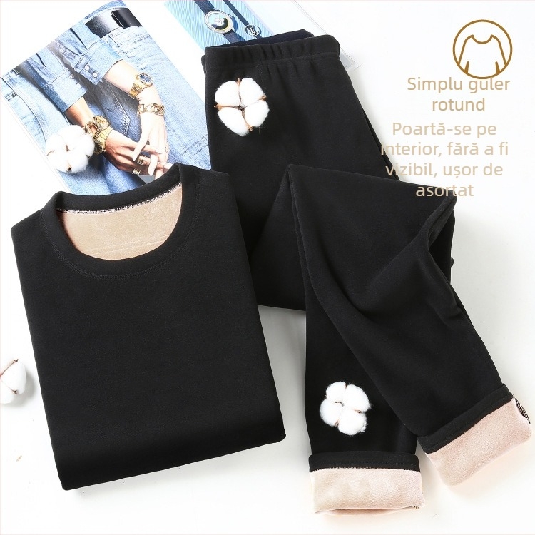 Set termic cu căptușeală de catifea, unisex, dublu strat, foarte gros, top cu guler semiînalt și pantaloni