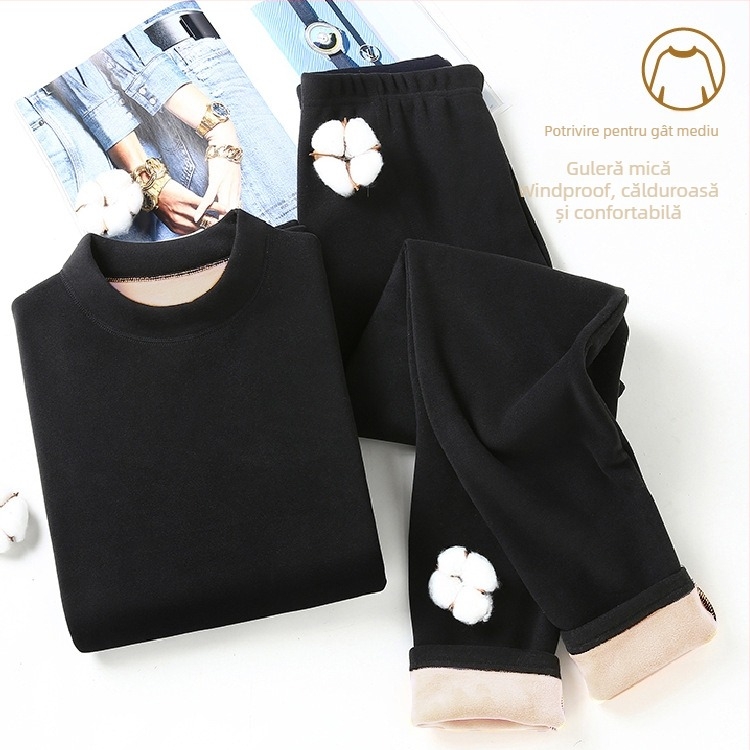Set termic cu căptușeală de catifea, unisex, dublu strat, foarte gros, top cu guler semiînalt și pantaloni