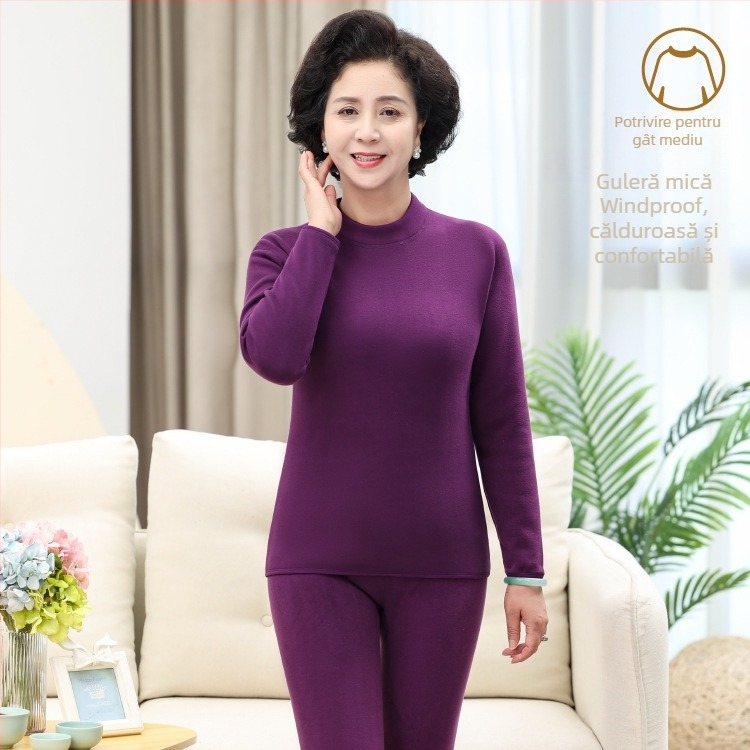 Set termic cu căptușeală de catifea, unisex, dublu strat, foarte gros, top cu guler semiînalt și pantaloni