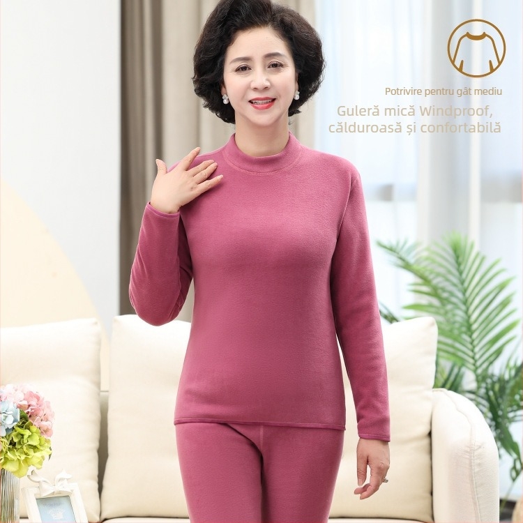Set termic cu căptușeală de catifea, unisex, dublu strat, foarte gros, top cu guler semiînalt și pantaloni