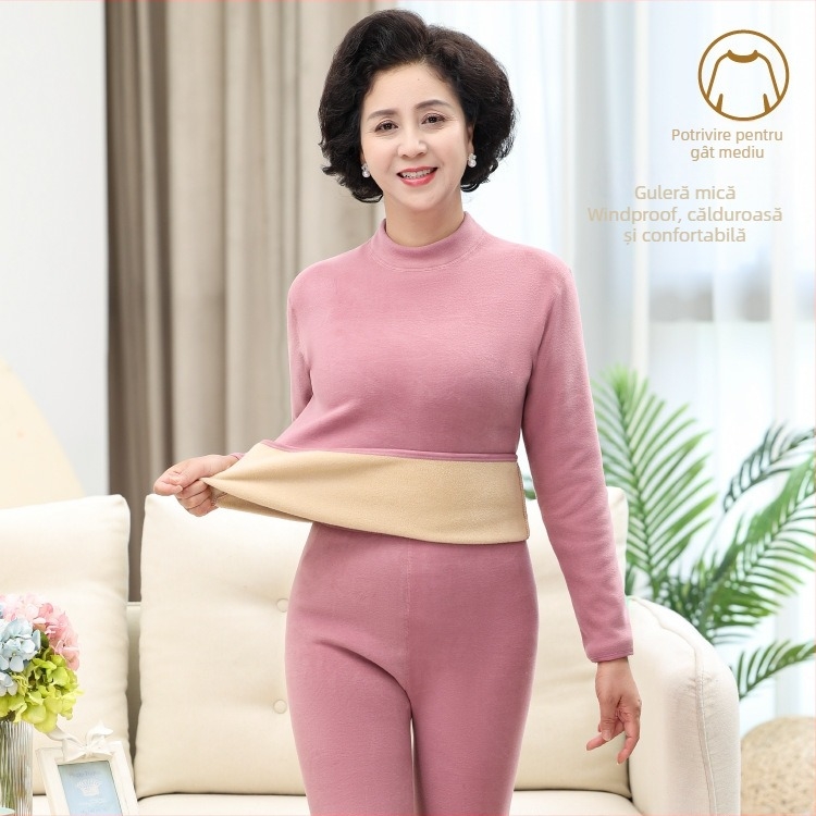 Set termic cu căptușeală de catifea, unisex, dublu strat, foarte gros, top cu guler semiînalt și pantaloni