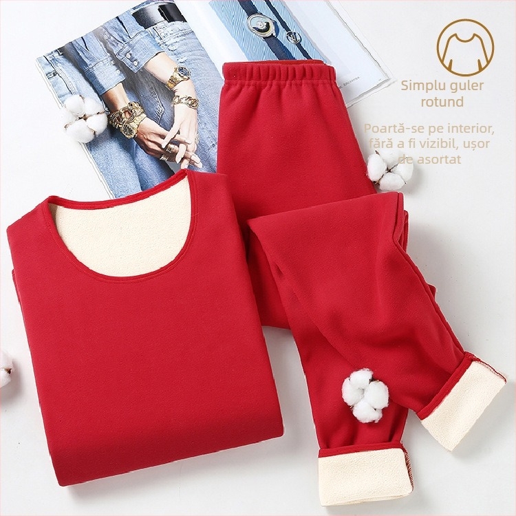 Set termic cu căptușeală de catifea, unisex, dublu strat, foarte gros, top cu guler semiînalt și pantaloni