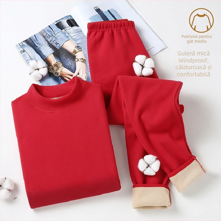 Set termic cu căptușeală de catifea, unisex, dublu strat, foarte gros, top cu guler semiînalt și pantaloni