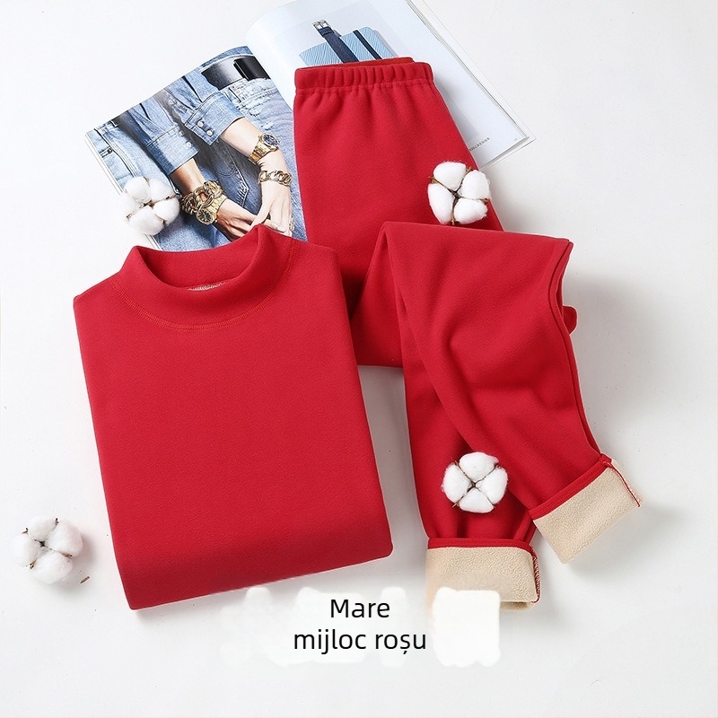 Set termic cu căptușeală de catifea, unisex, dublu strat, foarte gros, top cu guler semiînalt și pantaloni
