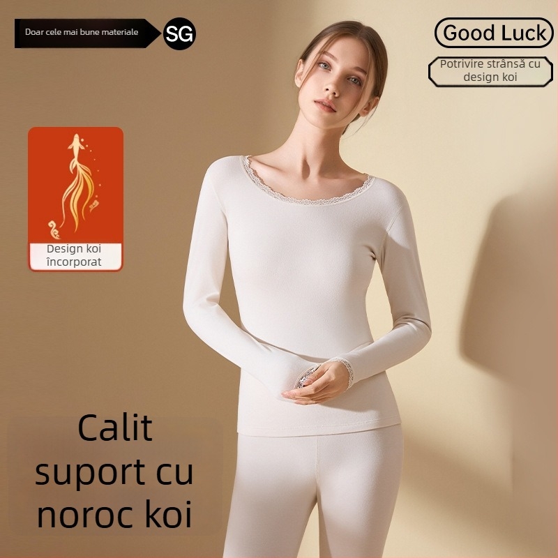 Set termic pentru femei din acril, antibacterian, menține căldura; țesătură groasă 201-250 g/m2 cu căptușeală velur; top cu guler rotund și pantaloni; conținut principal de material 30-50%.