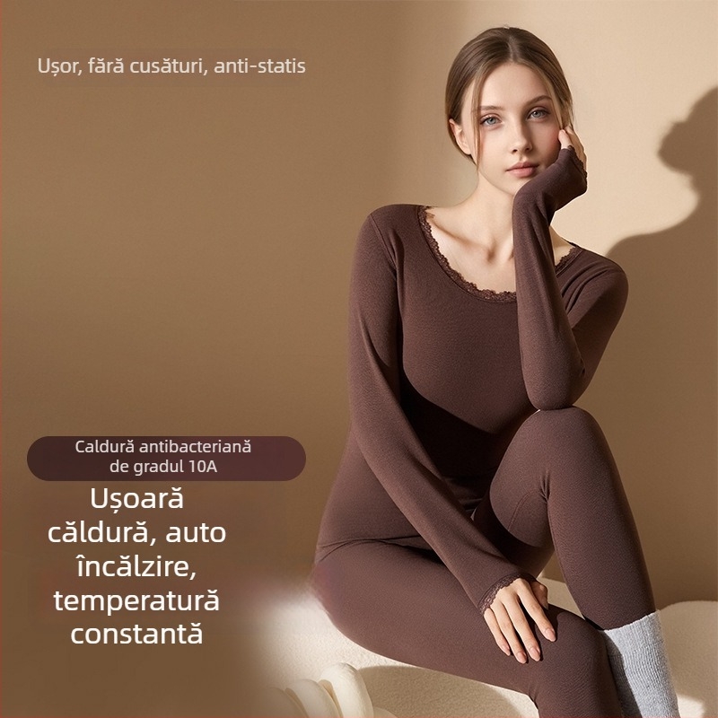 Set termic pentru femei din acril, antibacterian, menține căldura; țesătură groasă 201-250 g/m2 cu căptușeală velur; top cu guler rotund și pantaloni; conținut principal de material 30-50%.