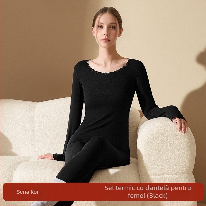 Set termic pentru femei din acril, antibacterian, menține căldura; țesătură groasă 201-250 g/m2 cu căptușeală velur; top cu guler rotund și pantaloni; conținut principal de material 30-50%.