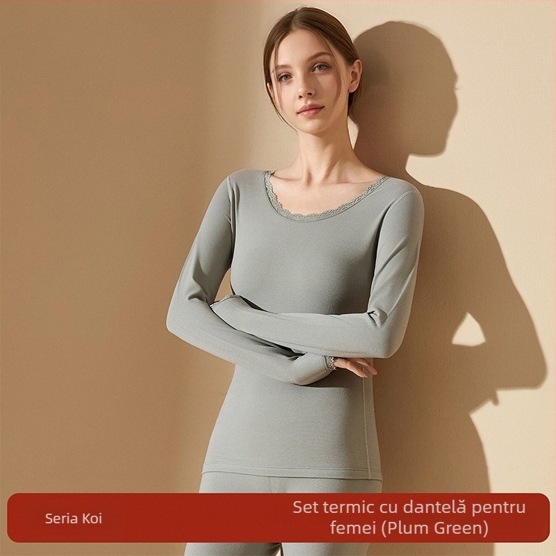 Set termic pentru femei din acril, antibacterian, menține căldura; țesătură groasă 201-250 g/m2 cu căptușeală velur; top cu guler rotund și pantaloni; conținut principal de material 30-50%.