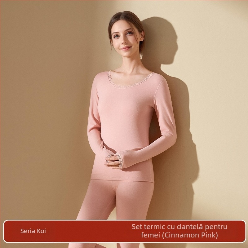 Set termic pentru femei din acril, antibacterian, menține căldura; țesătură groasă 201-250 g/m2 cu căptușeală velur; top cu guler rotund și pantaloni; conținut principal de material 30-50%.