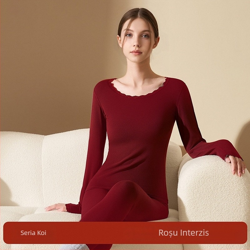 Set termic pentru femei din acril, antibacterian, menține căldura; țesătură groasă 201-250 g/m2 cu căptușeală velur; top cu guler rotund și pantaloni; conținut principal de material 30-50%.