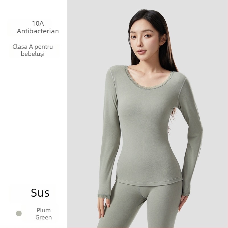Set termic pentru femei din acril, antibacterian, menține căldura; țesătură groasă 201-250 g/m2 cu căptușeală velur; top cu guler rotund și pantaloni; conținut principal de material 30-50%.