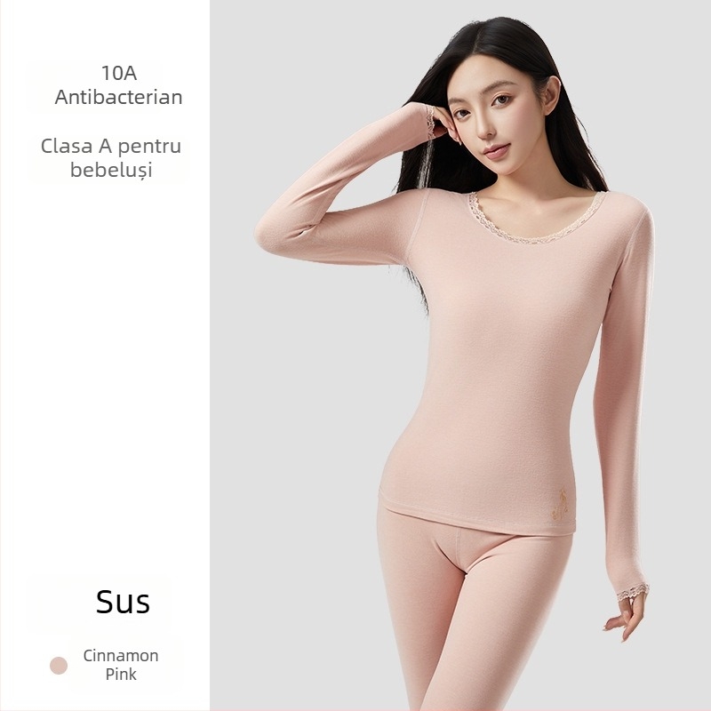 Set termic pentru femei din acril, antibacterian, menține căldura; țesătură groasă 201-250 g/m2 cu căptușeală velur; top cu guler rotund și pantaloni; conținut principal de material 30-50%.