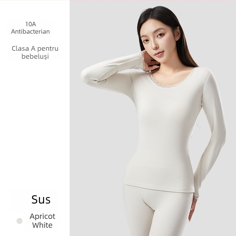 Set termic pentru femei din acril, antibacterian, menține căldura; țesătură groasă 201-250 g/m2 cu căptușeală velur; top cu guler rotund și pantaloni; conținut principal de material 30-50%.