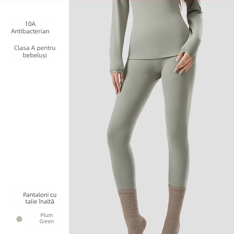 Set termic pentru femei din acril, antibacterian, menține căldura; țesătură groasă 201-250 g/m2 cu căptușeală velur; top cu guler rotund și pantaloni; conținut principal de material 30-50%.