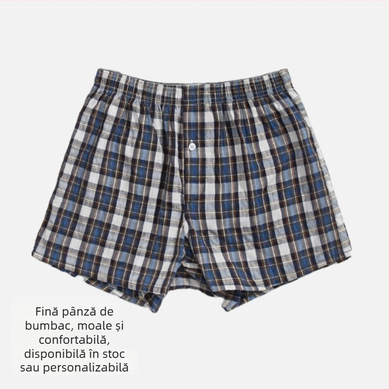 Șorturi bărbați din bumbac, dungi și carouri, talie medie, lungime trei sferturi, uscare rapidă și respirabile