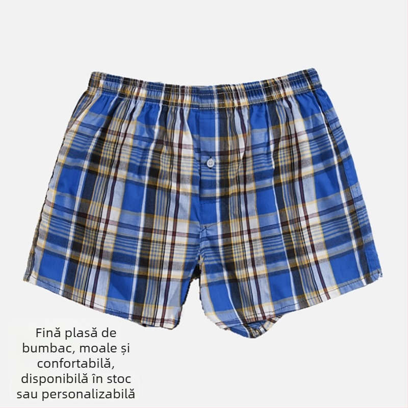 Șorturi bărbați din bumbac, dungi și carouri, talie medie, lungime trei sferturi, uscare rapidă și respirabile