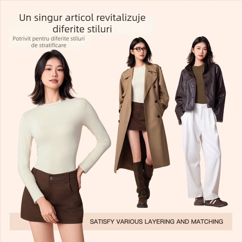 Top termic de bază pentru femei, cu guler mediu/înalt, țesătură din amestec de viscose, mâneci lungi, grosime moderată 181–200 g/m2