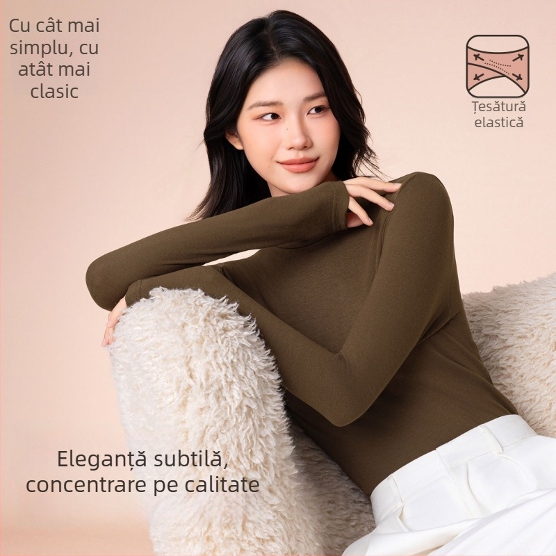 Top termic de bază pentru femei, cu guler mediu/înalt, țesătură din amestec de viscose, mâneci lungi, grosime moderată 181–200 g/m2