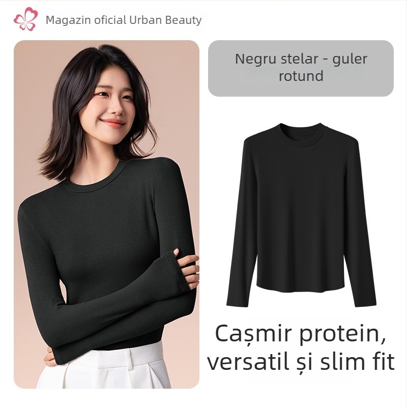 Top termic de bază pentru femei, cu guler mediu/înalt, țesătură din amestec de viscose, mâneci lungi, grosime moderată 181–200 g/m2