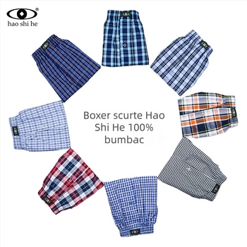 Boxeri bărbați din 100% bumbac, model în carouri, talie medie, respirabili și uscare rapidă