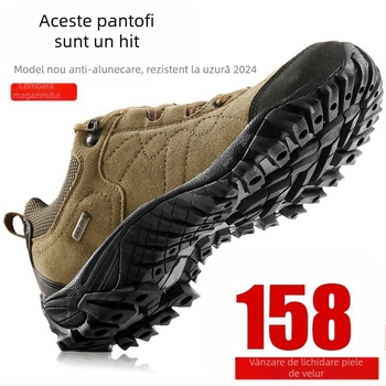 Pantofi de drumeție pentru bărbați, partea superioară din piele, impermeabili, talpă din cauciuc, închidere cu șireturi