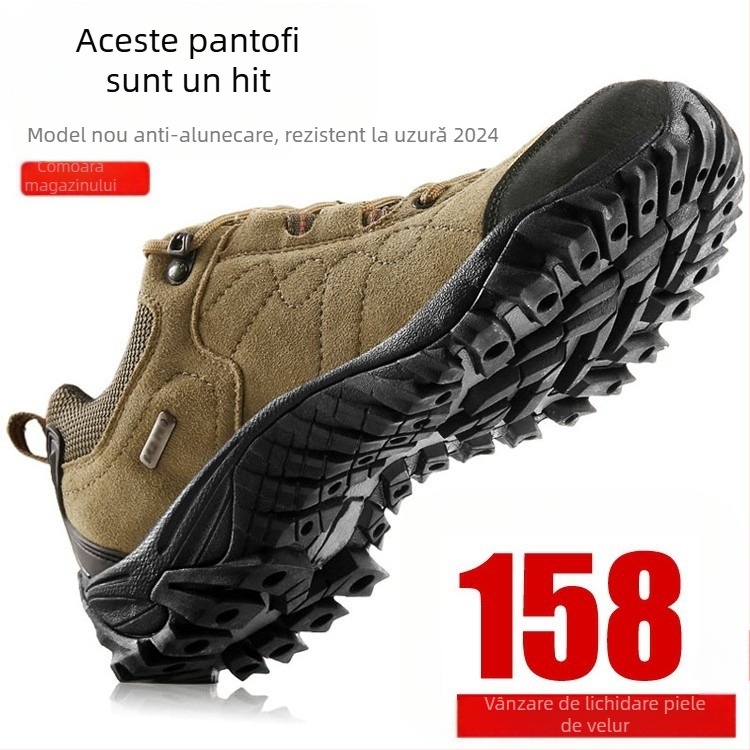 Pantofi de drumeție pentru bărbați, partea superioară din piele, impermeabili, talpă din cauciuc, închidere cu șireturi
