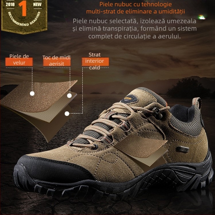 Pantofi de drumeție pentru bărbați, partea superioară din piele, impermeabili, talpă din cauciuc, închidere cu șireturi