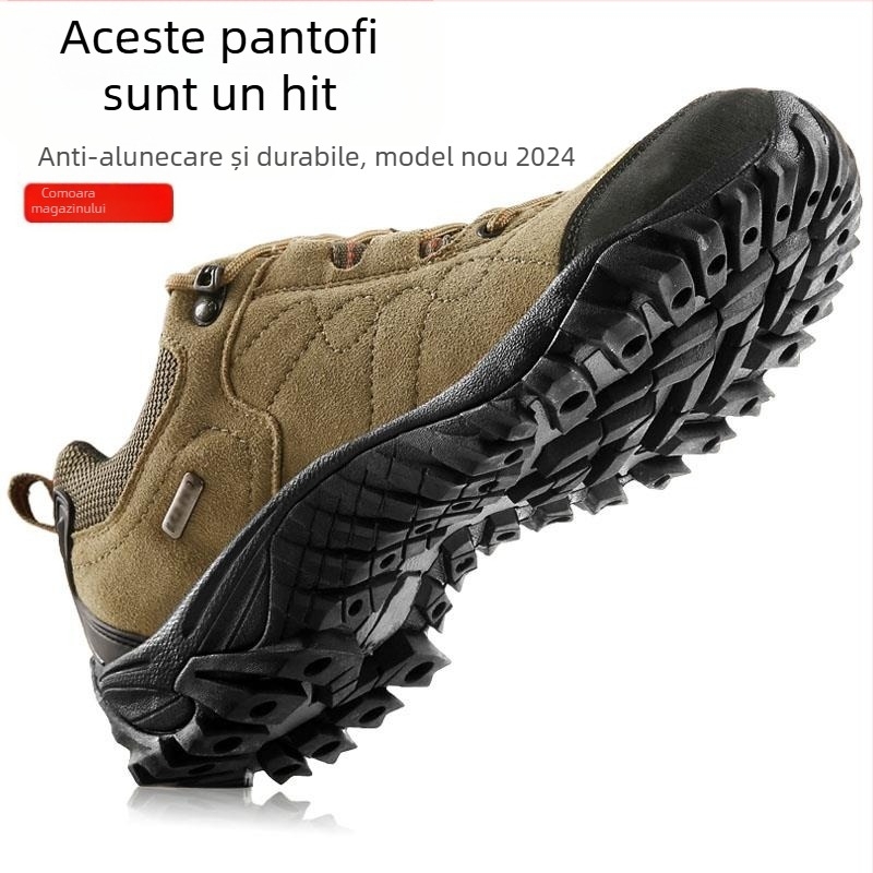 Pantofi de drumeție pentru bărbați, partea superioară din piele, impermeabili, talpă din cauciuc, închidere cu șireturi