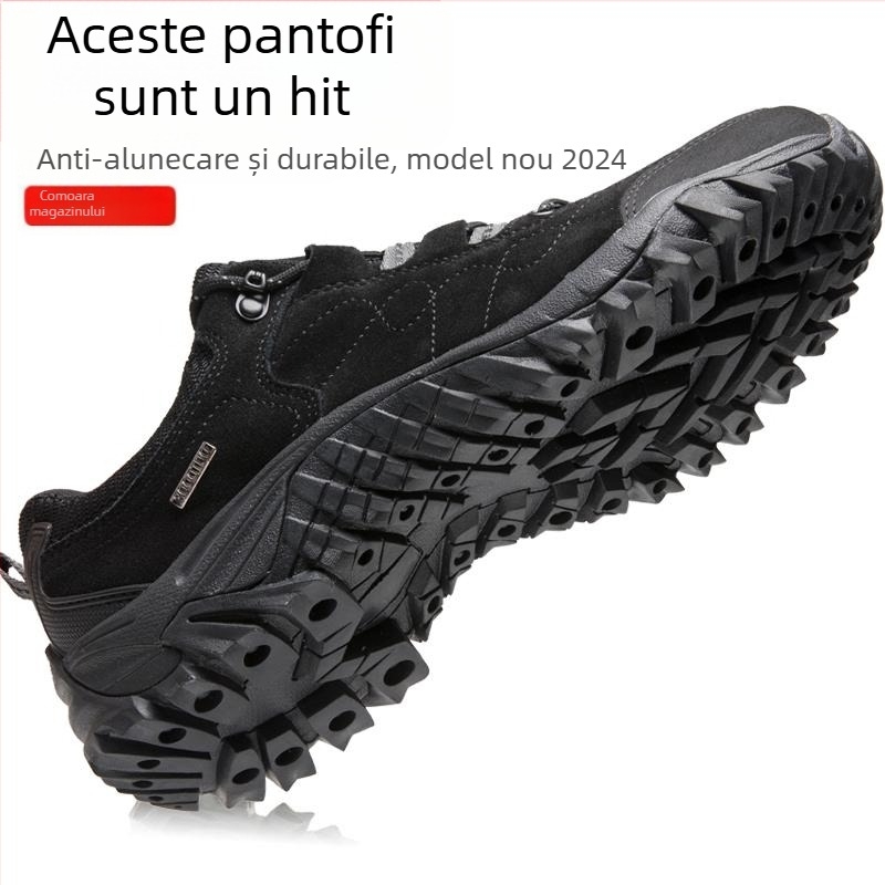 Pantofi de drumeție pentru bărbați, partea superioară din piele, impermeabili, talpă din cauciuc, închidere cu șireturi