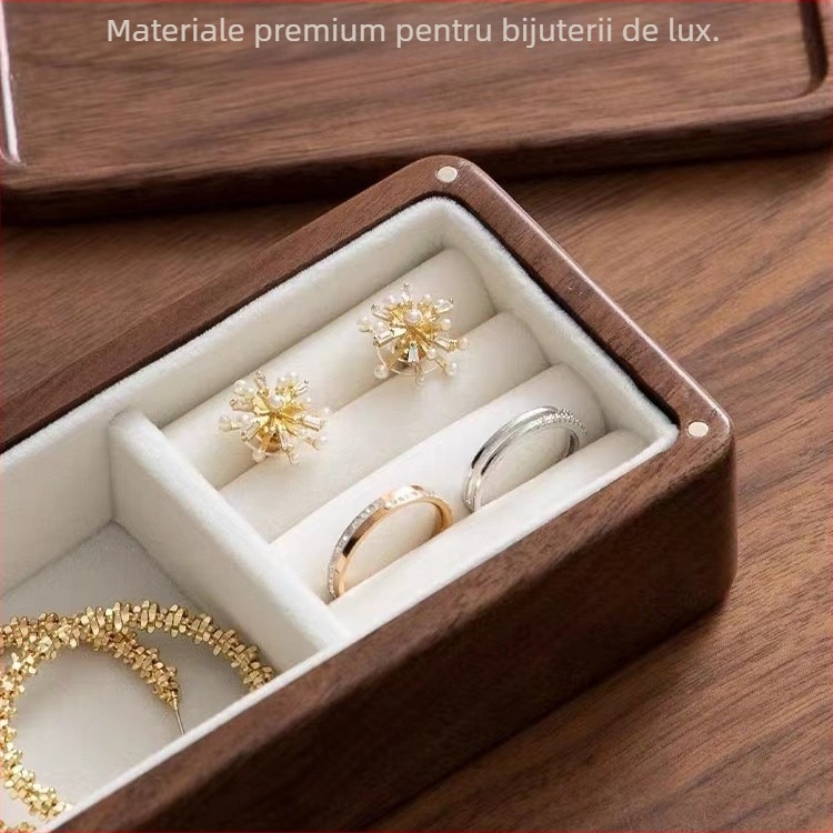 Cutie de inele din lemn de nuc, compactă și portabilă, design modern minimalist, model S9142