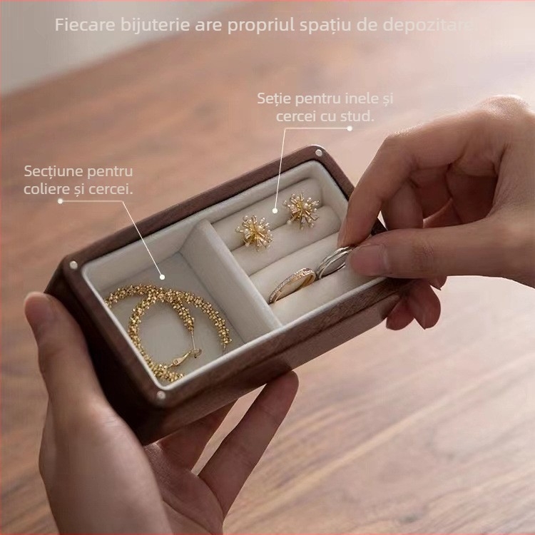 Cutie de inele din lemn de nuc, compactă și portabilă, design modern minimalist, model S9142