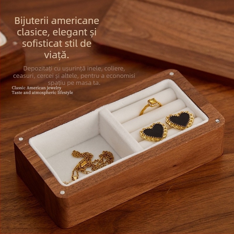 Cutie de inele din lemn de nuc, compactă și portabilă, design modern minimalist, model S9142