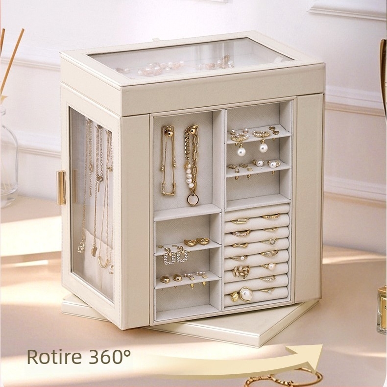 Cutie de bijuterii din piele, cu 6 straturi, pentru birou, cu fereastră rotativă, protecție împotriva prafului, spațiu pentru coliere, inele și cercei